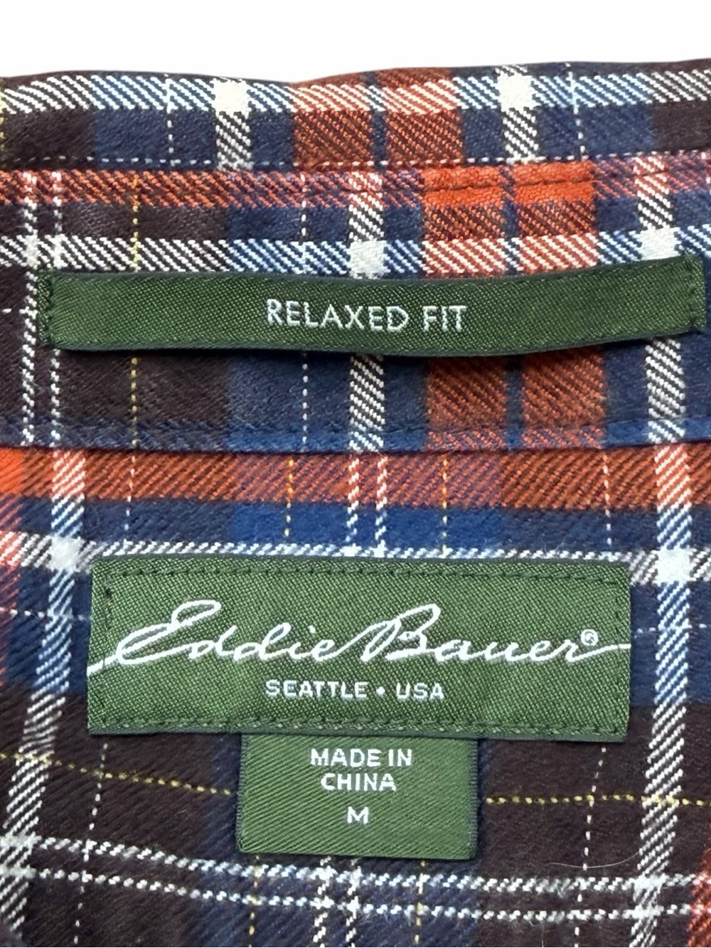 Eddie Bauer Relaxed Fit Orange & Blue Plaid Flannel Long Sleeve Button Down - M - Picture 7 of 15